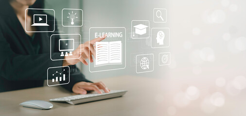 Businessman using computer for online seminar, internet education, online learning concept. For personal development and professional qualifications