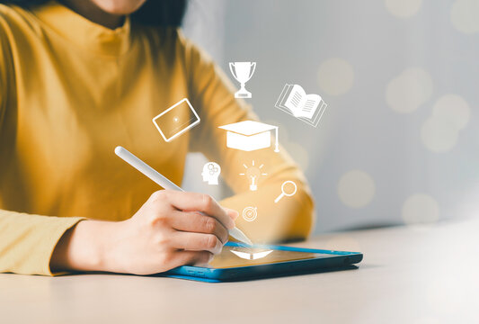 E-learning on tablet computers Use online education training and development webinars. Digital courses to develop new skills professional qualifications