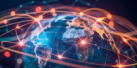 Digital world globe, concept of global network and connectivity on Earth, high speed data transfer and cyber technology, information exchange and international telecommunication - obrazy, fototapety, plakaty