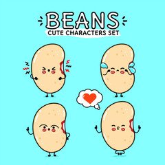 Funny cute happy Beans characters bundle set. Vector hand drawn doodle style cartoon character illustration icon design. Isolated on blue background. Beans mascot character collection