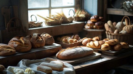 A rustic display of various freshly baked artisanal bread in a bakery.
