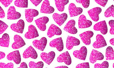 Vector sparkle bright magenta and pink shimmer hearts seamless pattern. Vector illustration