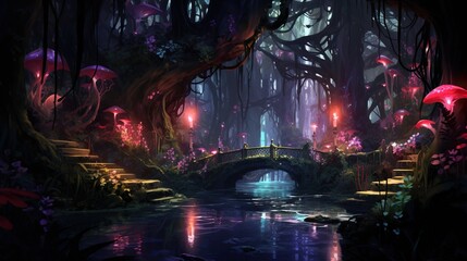 fairytale forest with bridge and trees