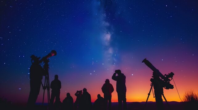 Group of people stargazing in a field using telescopes under a starry night sky.