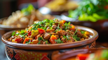 delicious dish on bowl with blur background