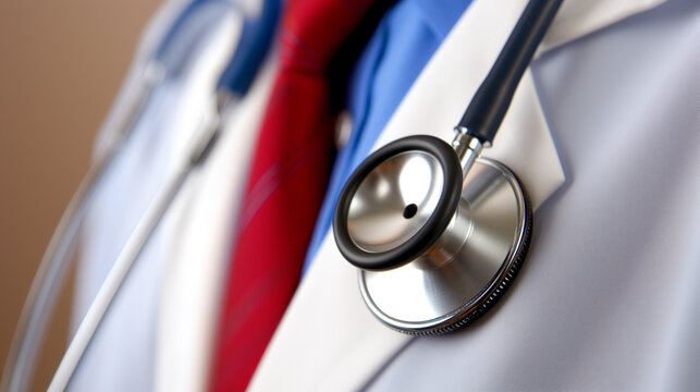 Close-up image capturing the professional attire of a medical practitioner, focusing on a stethoscope hanging around the neck, draped over a white coat and contrasted by a red and blue striped tie.