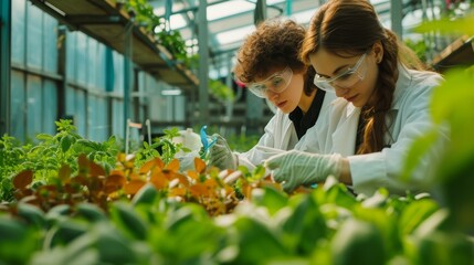 Scientists examining plants in a greenhouse, noting observations.