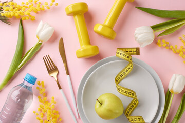 Revitalize your routine: spring weight loss tips for success. Top view photo of plates, cutlery,...