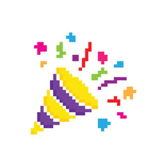 Obraz premium party confetti icon 8 bit, pixel art fireworks birthday icon for game logo.