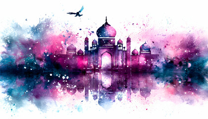 Abstract New Delhi cityscape background and serene sunset over a calm lake on digital art concept. - obrazy, fototapety, plakaty