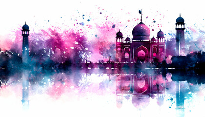 Abstract New Delhi cityscape background and serene sunset over a calm lake on digital art concept.