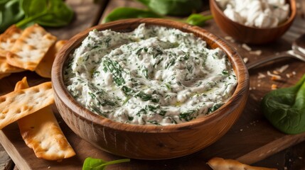 delicious spinach dip in wooden bowl - obrazy, fototapety, plakaty