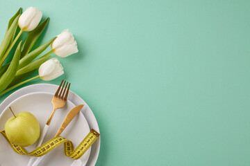 Flourish in fitness: springtime slimming with smart nutrition. Top view photo of plates, cutlery,...