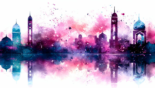 Abstract New Delhi cityscape background and serene sunset over a calm lake on digital art concept.