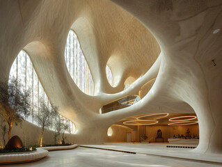 A domed ceiling and a skylight. future museum interior,. There are large windows and a wooden wall.