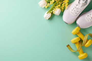Blooming wellness: Revitalize your body with springtime workouts. Top view photo of white sneakers,...