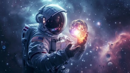 astronaut in space suit holding galaxies in hand