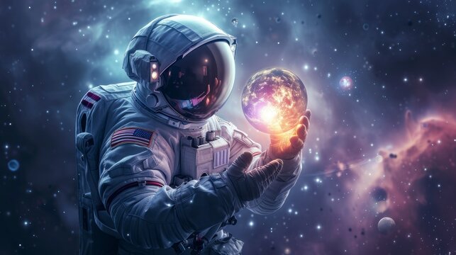 astronaut in space suit holding galaxies in hand