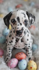 closeup shot of a dog with colorful eggs