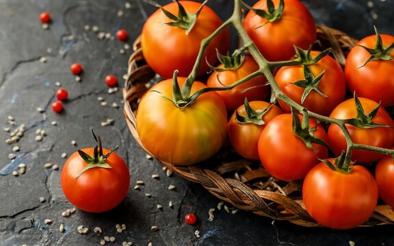 Fresh fragrant tomatoes on a branch. Against a dark background