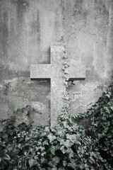 Old Stone Cross - Grave -  Graveyard - Scary - Cemetery - Halloween - Mysterious  - Tombstones -...