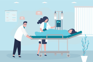 Paramedic giving first aid. Urgent care, resuscitation. Emergency rescue worker. Medical team resuscitates affected person. Doctors pull medical gurney with woman patient.