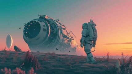 astronaut in a space suit doing a walk on mars - obrazy, fototapety, plakaty