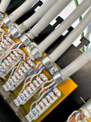 Closeup of network cables crimped on patch panel with selective focus on foreground. FTP cable