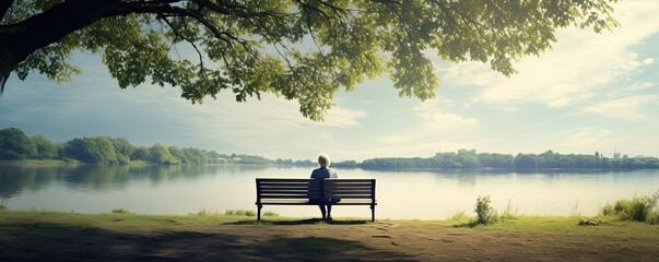 senior woman sit on bench in park in summer