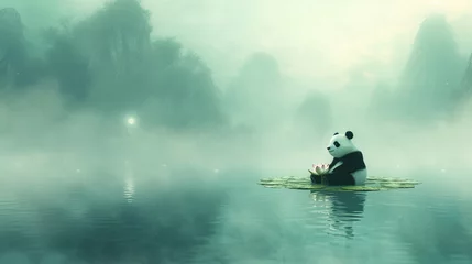 Fototapeten panda peacefully meditating on a floating lotus in a tranquil pond, surrounded by misty mountains, blending the panda's image with elements of tranquility, mindful © 1st footage