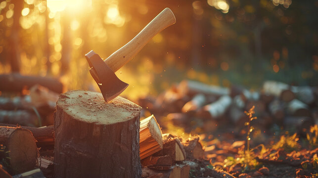 Axe Embedded In A Chopping Block, Surrounded By Freshly Chopped Firewood The Setting Sun Casts Long Shadows, Evoking The Timeless Nature Of Woodcutting