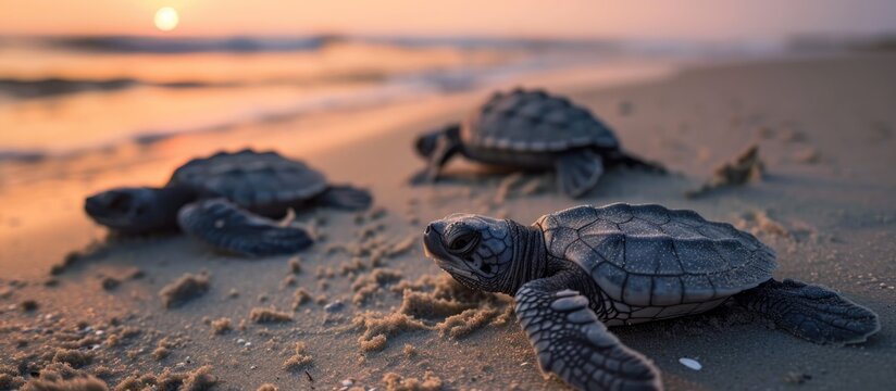 Baby loggerhead sea turtles emerge from their nest and head to the ocean at dusk on Clam Pass Beach in Naples, Florida.