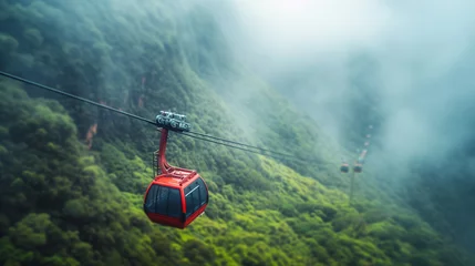 Foto op Plexiglas cable car ascending a steep mountain, with lush greenery below and the peak shrouded in mist The focus is on the cable car's details against the dramatic backdrop © 1st footage