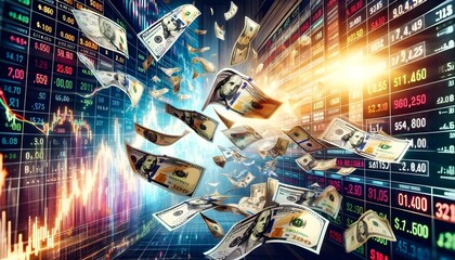 dollar banknotes flying on stock exchange background - obrazy, fototapety, plakaty