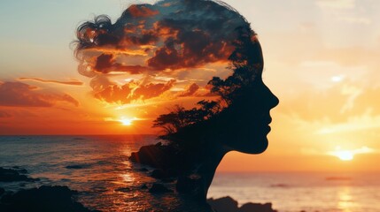 double exposure picture of woman face and landscape - obrazy, fototapety, plakaty