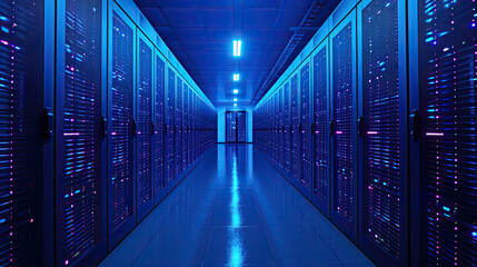 Fototapeta premium A view down the aisle of a futuristic data center lined with high-capacity servers illuminated by neon blue and pink lights. 