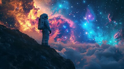 astronaut in a space suit looking at the sky full of real stars and cosmic clouds of different colors on a remote planet in another galaxy