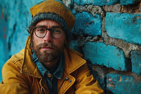 A man in a yellow down jacket and a winter hat, with a fixed gaze, leans on a textured wall of blue bricks. Concept: urban street fashion, clothing advertising