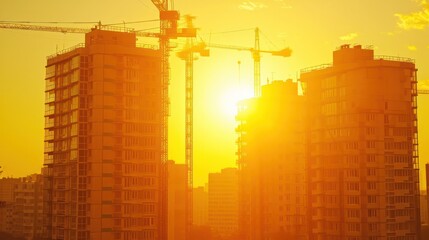 Construction of new residential high-rise buildings. Against the background of a yellow sunset sky, crane, architecture, industrial, development, tower, gen AI