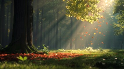 sun lights enters on beautiful forest