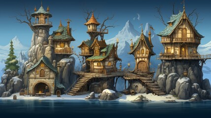 Cartoon island with houses on the rocks