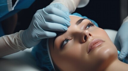 Naklejka premium plastic surgery, beauty, Surgeon or beautician touching woman face, surgical procedure that involve altering shape of nose, doctor examines patient nose before rhinoplasty, medical assistance, health