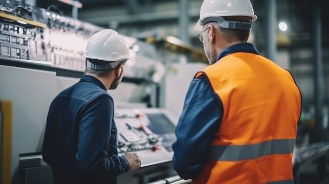 Engineers and factory managers wearing safety helmet inspect the machines in the production. inspector opened the machine to test the system to meet the standard. machine, maintenance