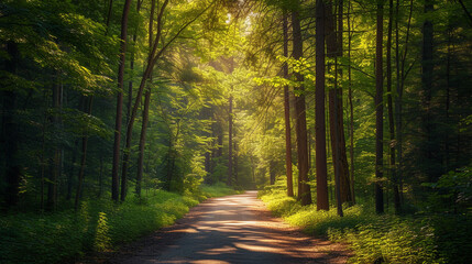 serene summer forest road, the ground drenched in sunlight, surrounded by tall trees with lush green foliage The light creates a warm, golden hue on the path - Powered by Adobe