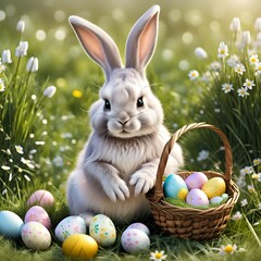 Charming Bunny With a Basket of Colorful Easter Eggs in a Sunlit Meadow