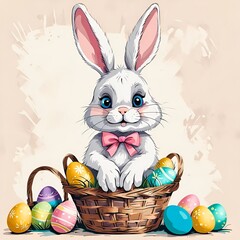 Adorable Illustrated Rabbit Posed in a Wicker Basket Surrounded by Colorful Easter Eggs