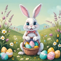 Adorable Bunny With a Basket of Colorful Easter Eggs in a Spring Meadow