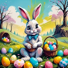 Adorable Bunny With Colorful Easter Eggs in a Sunny Meadow at Dawn