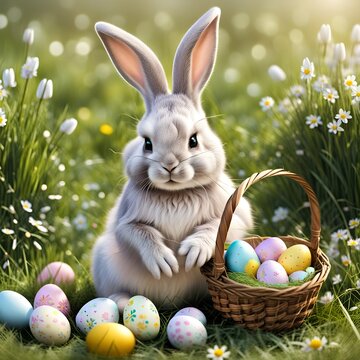Charming Bunny With a Basket of Colorful Easter Eggs in a Sunlit Meadow