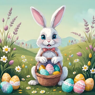 Adorable Bunny With a Basket of Colorful Easter Eggs in a Spring Meadow